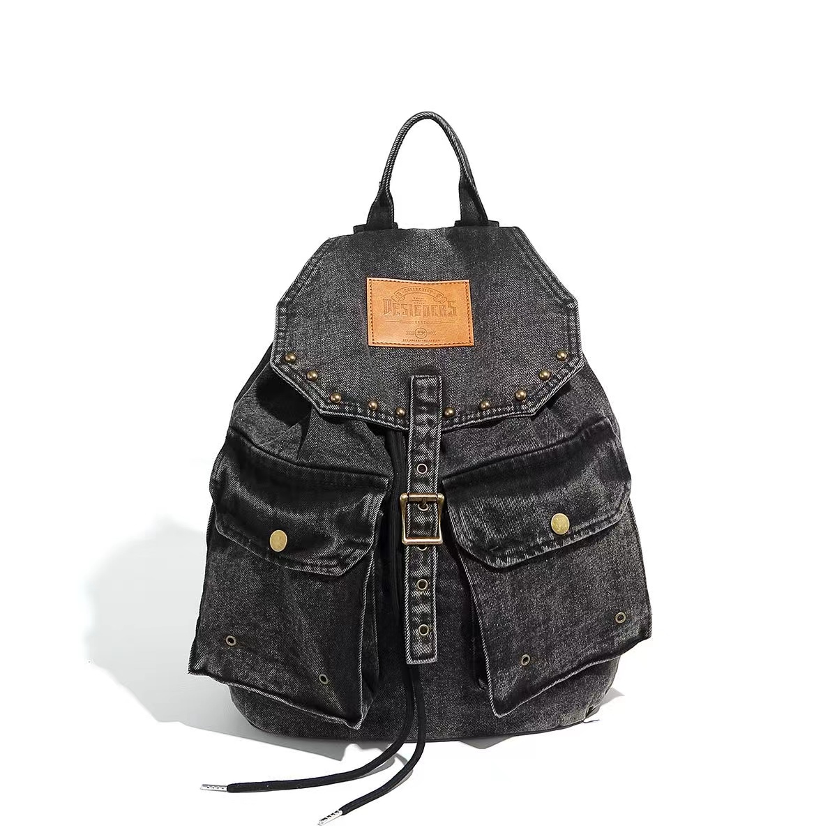 Retro Washed Denim Backpack with Double Pockets and Drawstring - Stylish Versatile Large-Capacity Student Bag
