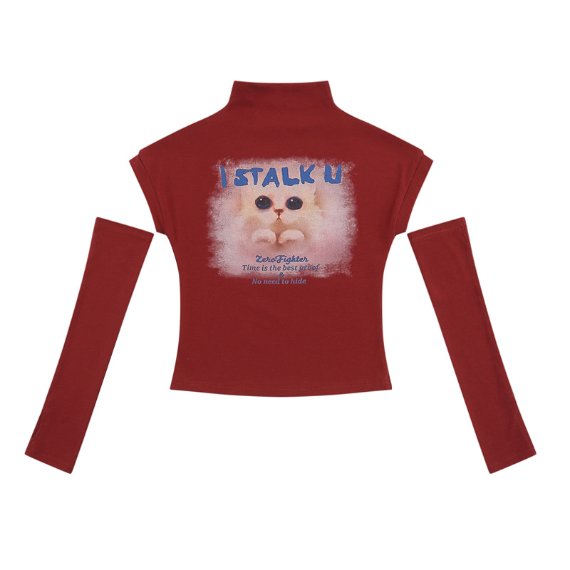 Retro Wine Red Cat Print Short Sleeve T-shirt for Women - Korean Jazz Dance Style, Early Autumn Fashion