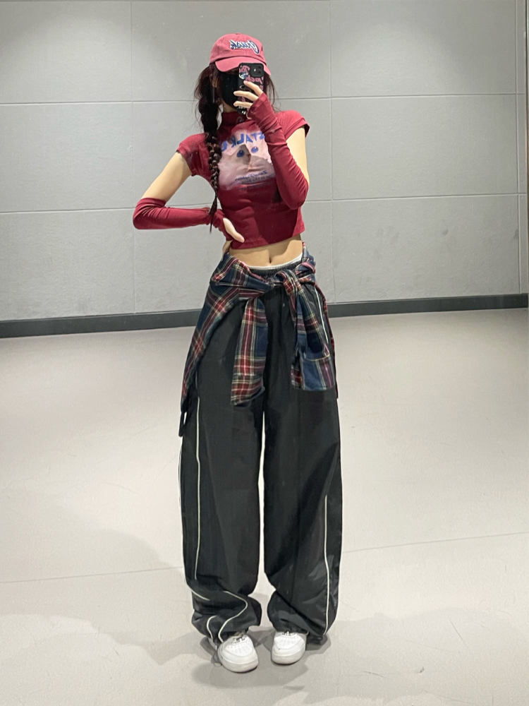 Retro Wine Red Cat Print Short Sleeve T-shirt for Women - Korean Jazz Dance Style, Early Autumn Fashion