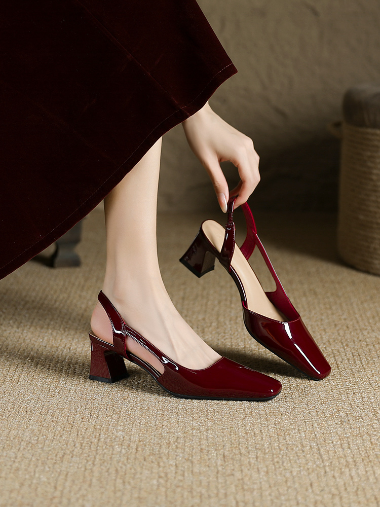 Retro Wine Red Patent Leather Open-Toe Backless High Heels for Women - Chunky Heel Qipao Sandals Summer 2025 Style