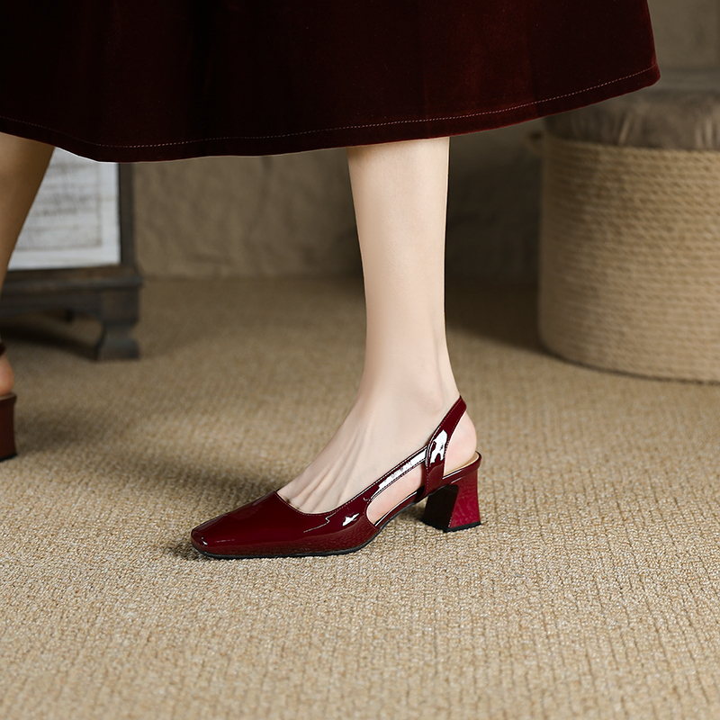Retro Wine Red Patent Leather Open-Toe Backless High Heels for Women - Chunky Heel Qipao Sandals Summer 2025 Style