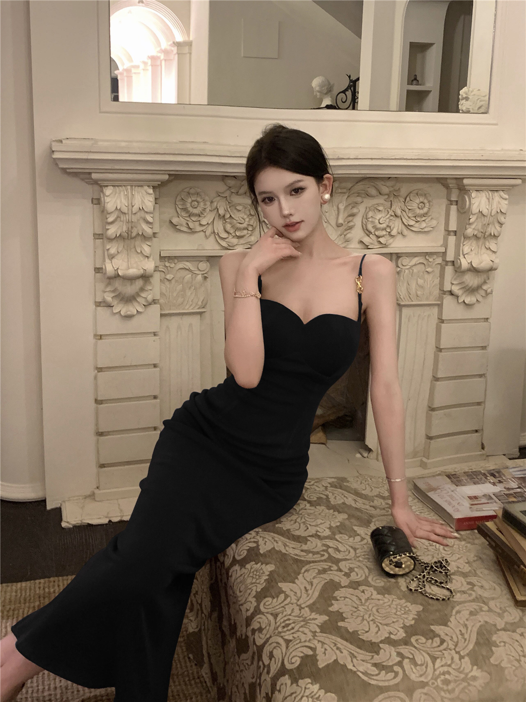 Retro Wine Red Spaghetti Strap Dress for Women, Hepburn Style Cocktail Dress, Light Luxury Engagement Dress