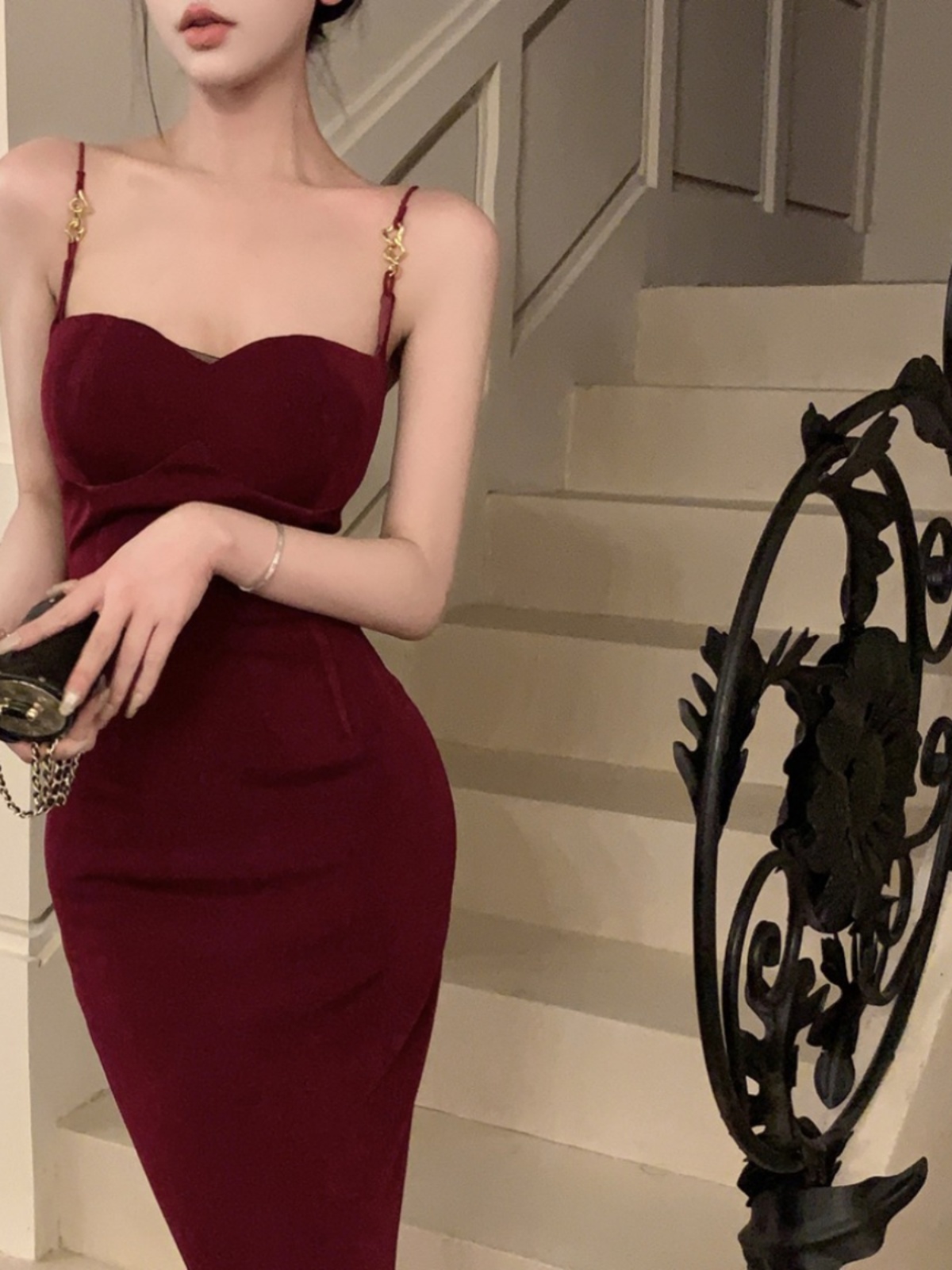 Retro Wine Red Spaghetti Strap Dress for Women, Hepburn Style Cocktail Dress, Light Luxury Engagement Dress Retro Wine Red Spaghetti Strap Dress for Women, Hepburn Style Cocktail Dress, Light Luxury Engagement Dress