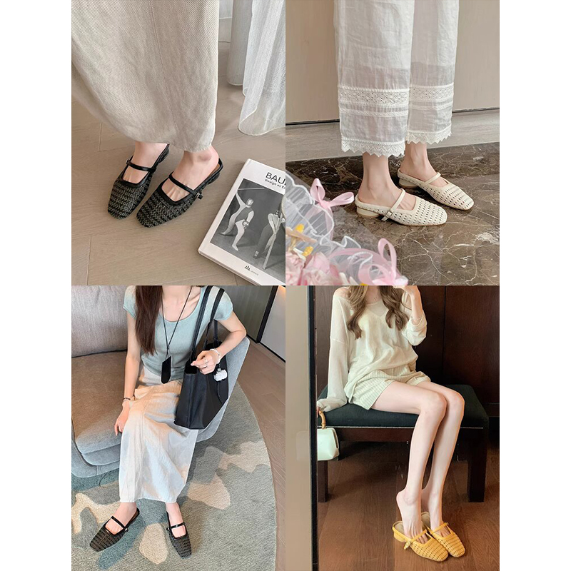 Retro Woven Hollow Square-Toe One-Strap Chunky-Heeled Mules for Women - Stylish Closed-Toe Summer Beach Sandals Retro Woven Hollow Square-Toe One-Strap Chunky-Heeled Mules for Women - Stylish Closed-Toe Summer Beach Sandals