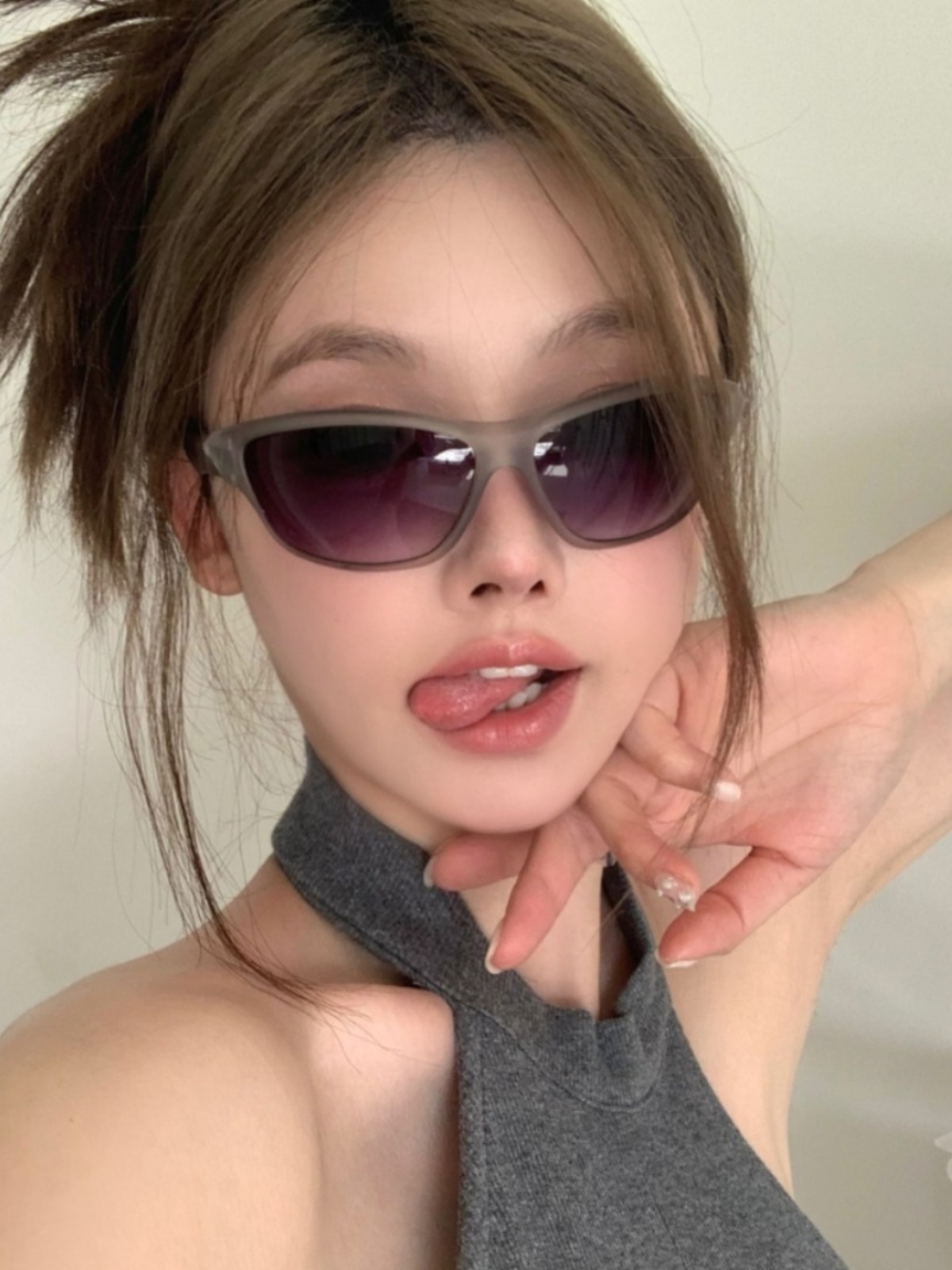 Retro Y2K Punk Matte Gray Sunglasses for Women - Trendy Outdoor UV Protection Cycling Eyewear, European American Style