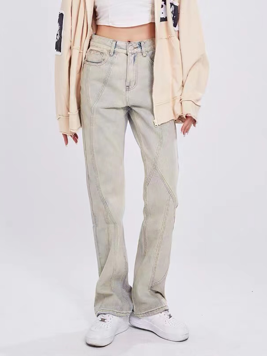 Retro Yellow Mud-Dyed Flared Jeans with Split Design - Water-Washed American High Street Style, Y2K-Inspired Fashion