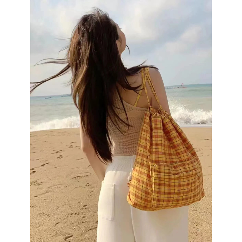 Retro Yellow Plaid Beaded Drawstring Backpack - Large Capacity Canvas Bag for Students, Commuting, Y2K Style Retro Yellow Plaid Beaded Drawstring Backpack - Large Capacity Canvas Bag for Students, Commuting, Y2K Style