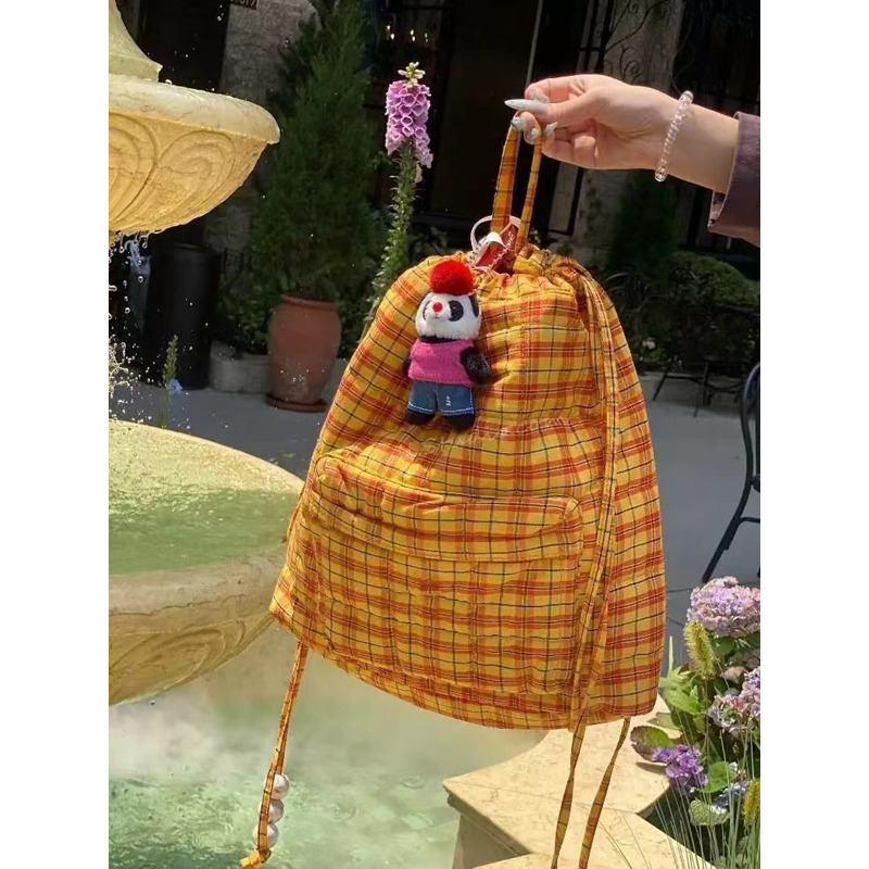 Retro Yellow Plaid Beaded Drawstring Backpack - Large Capacity Canvas Bag for Students, Commuting, Y2K Style