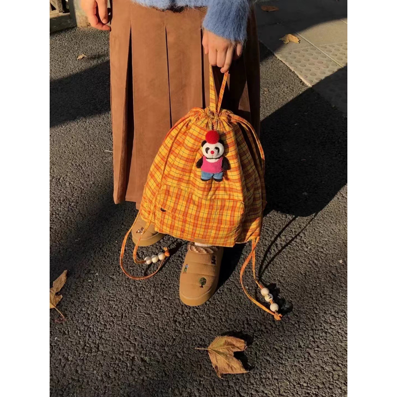 Retro Yellow Plaid Beaded Drawstring Backpack - Large Capacity Canvas Bag for Students, Commuting, Y2K Style Retro Yellow Plaid Beaded Drawstring Backpack - Large Capacity Canvas Bag for Students, Commuting, Y2K Style