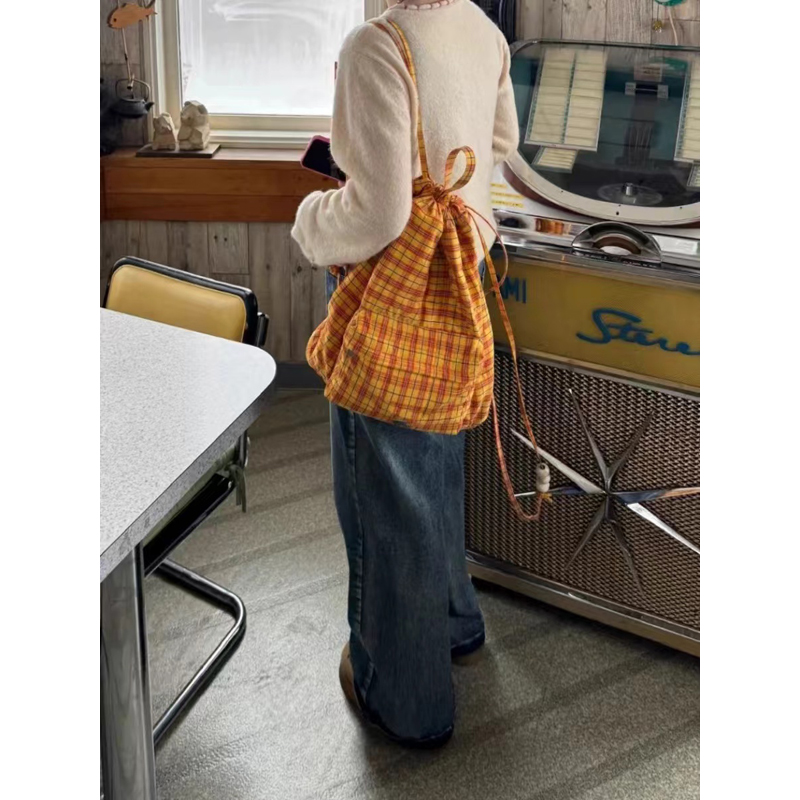 Retro Yellow Plaid Beaded Drawstring Backpack - Large Capacity Canvas Bag for Students, Commuting, Y2K Style Retro Yellow Plaid Beaded Drawstring Backpack - Large Capacity Canvas Bag for Students, Commuting, Y2K Style