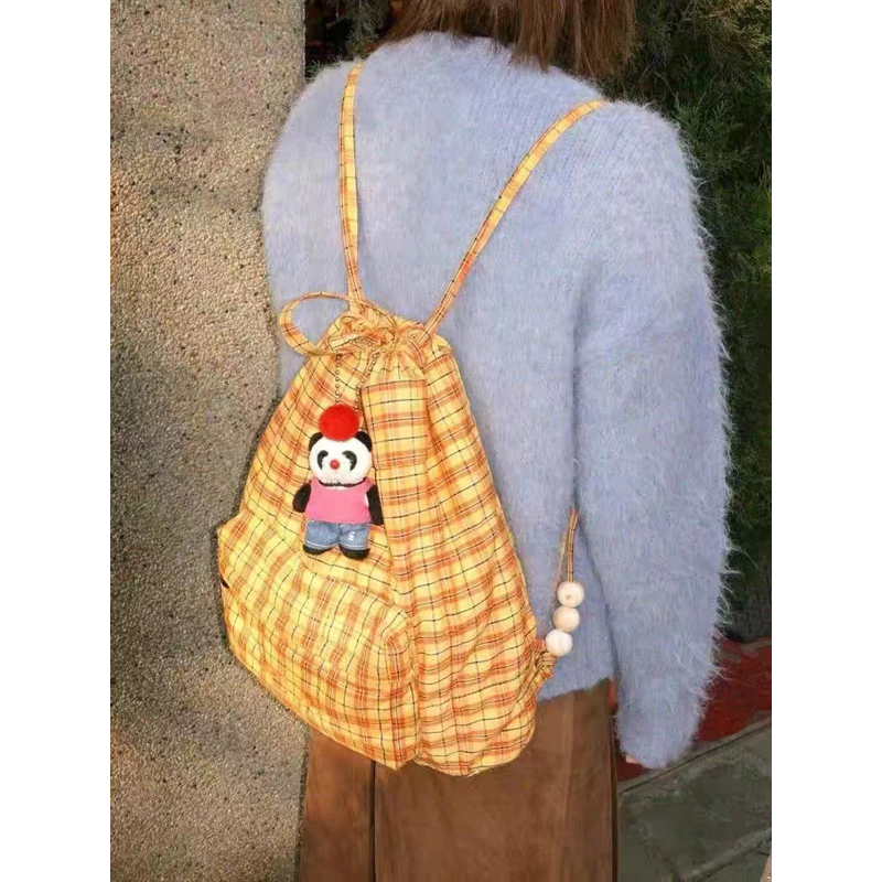 Retro Yellow Plaid Beaded Drawstring Backpack - Large Capacity Canvas Bag for Students, Commuting, Y2K Style