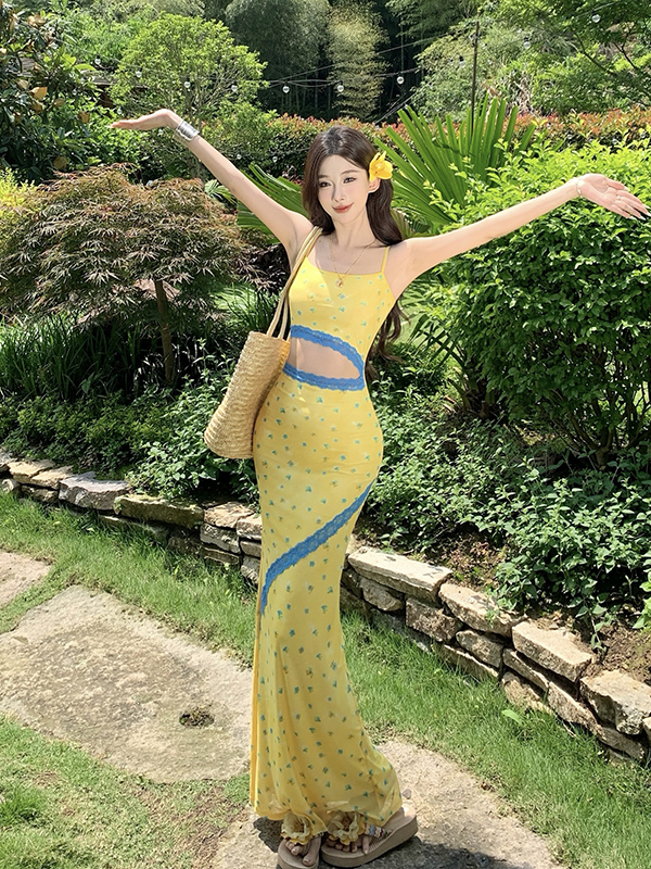 Reversible Bodycon Dress for Women - Sexy Hollow Lace Spliced Spaghetti Strap - French Vacation Style