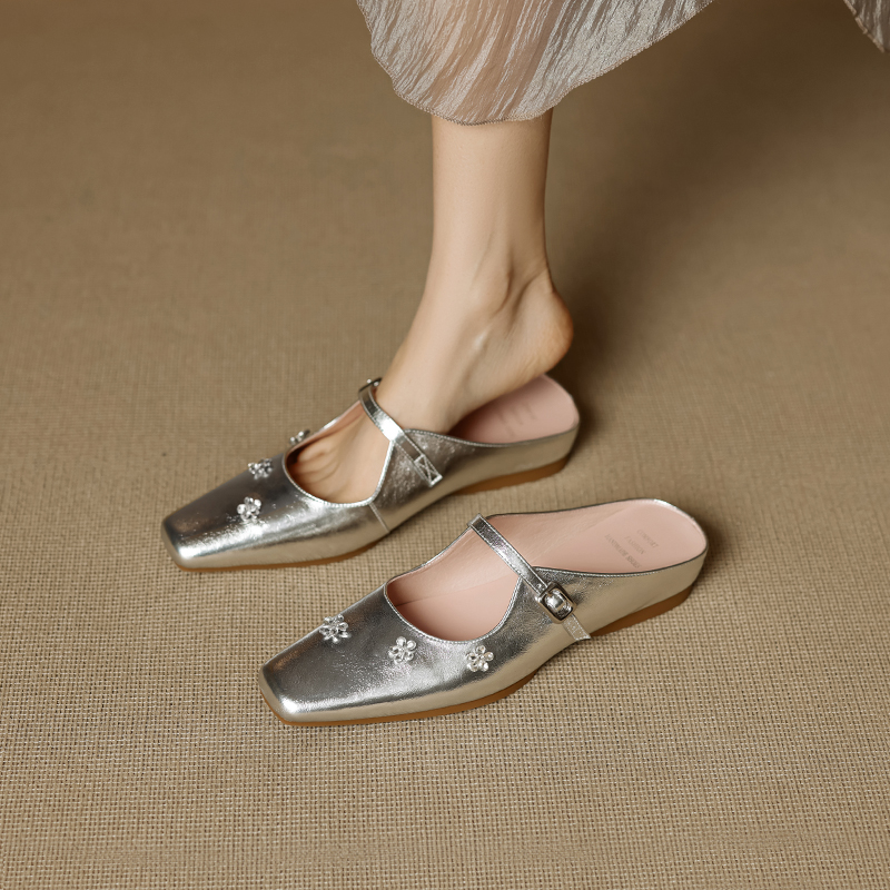 Rhinestone Flower One-Strap Mules for Women - Summer Height-Increasing Half-Drag Sandals for Outdoor Wear Rhinestone Flower One-Strap Mules for Women - Summer Height-Increasing Half-Drag Sandals for Outdoor Wear