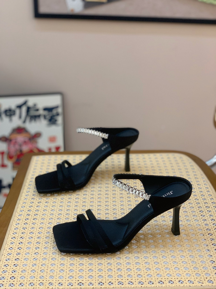 Rhinestone Open-Toe Sandals for Women - 2025 Summer Square-Toe Stiletto Heels, French Elegant Versatile Style