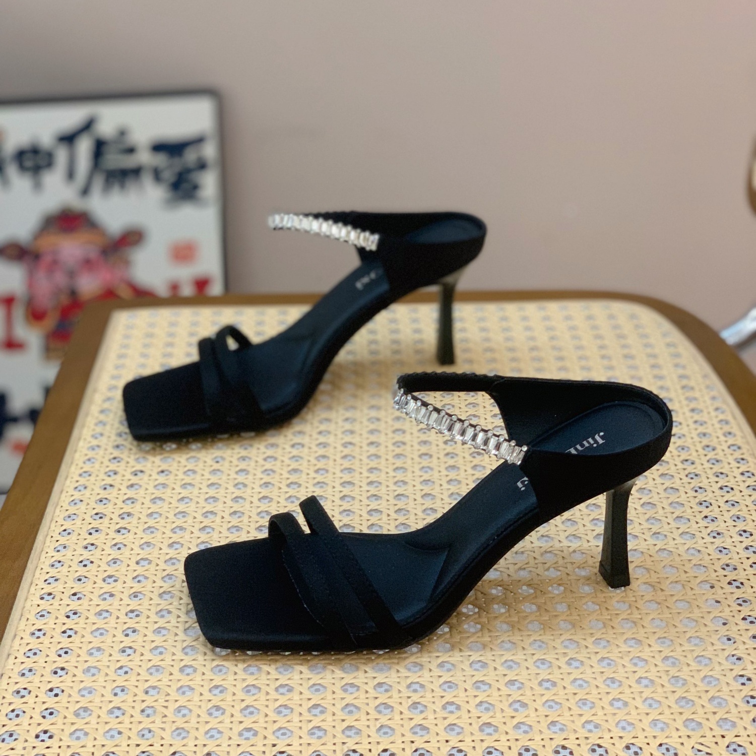 Rhinestone Open-Toe Sandals for Women - 2025 Summer Square-Toe Stiletto Heels, French Elegant Versatile Style