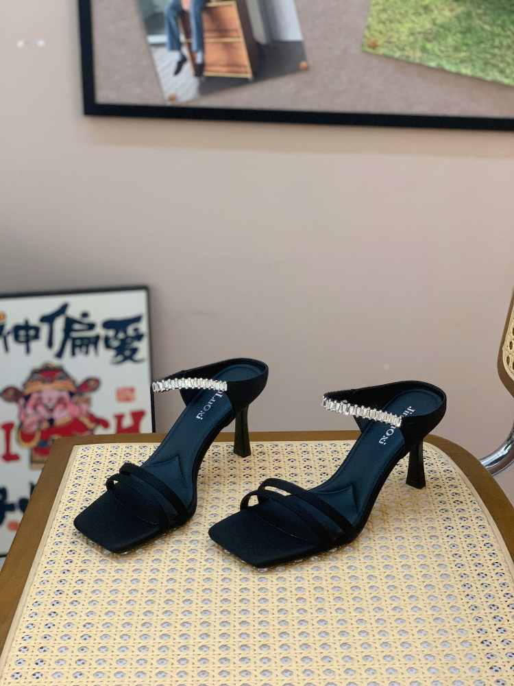 Rhinestone Open-Toe Sandals for Women - 2025 Summer Square-Toe Stiletto Heels, French Elegant Versatile Style Rhinestone Open-Toe Sandals for Women - 2025 Summer Square-Toe Stiletto Heels, French Elegant Versatile Style