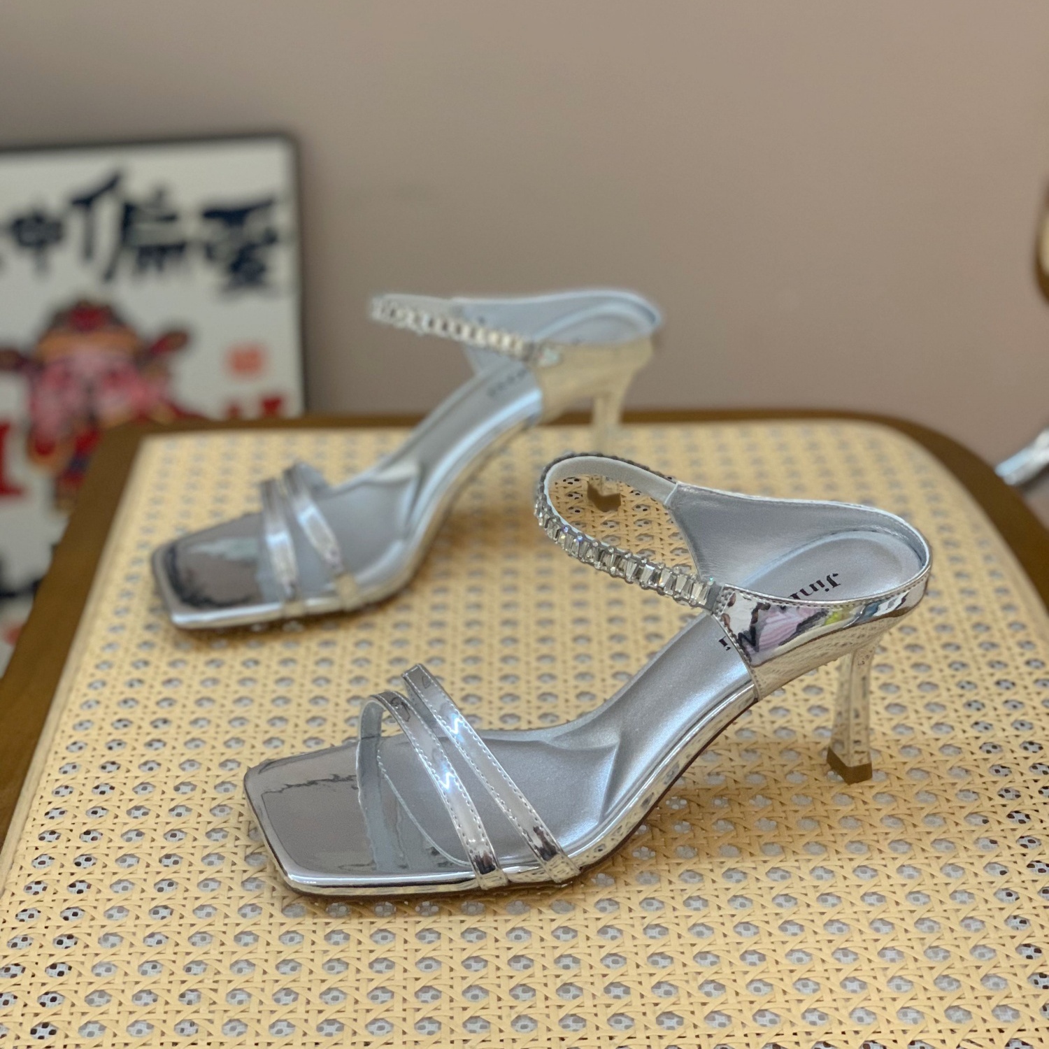 Rhinestone Open-Toe Sandals for Women - 2025 Summer Square-Toe Stiletto Heels, French Elegant Versatile Style Rhinestone Open-Toe Sandals for Women - 2025 Summer Square-Toe Stiletto Heels, French Elegant Versatile Style