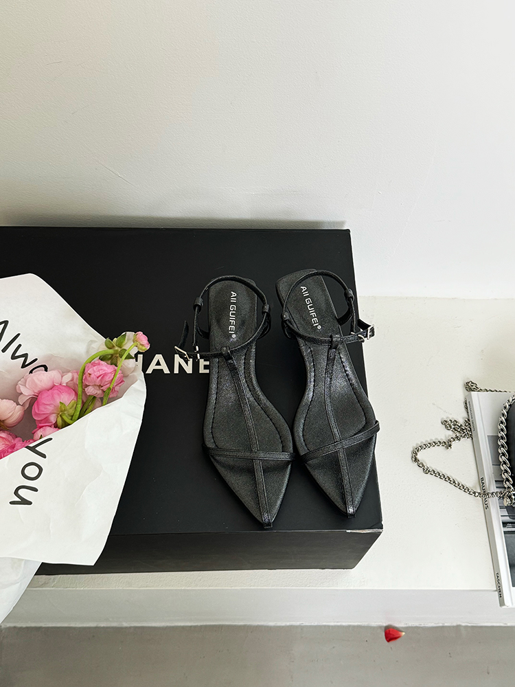 Roman Mid-Heel Sandals for Women, Pointed Toe One-Strap Design, Thin Heel, Silver Summer Shoes 2025, Trendy Fashion Footwear