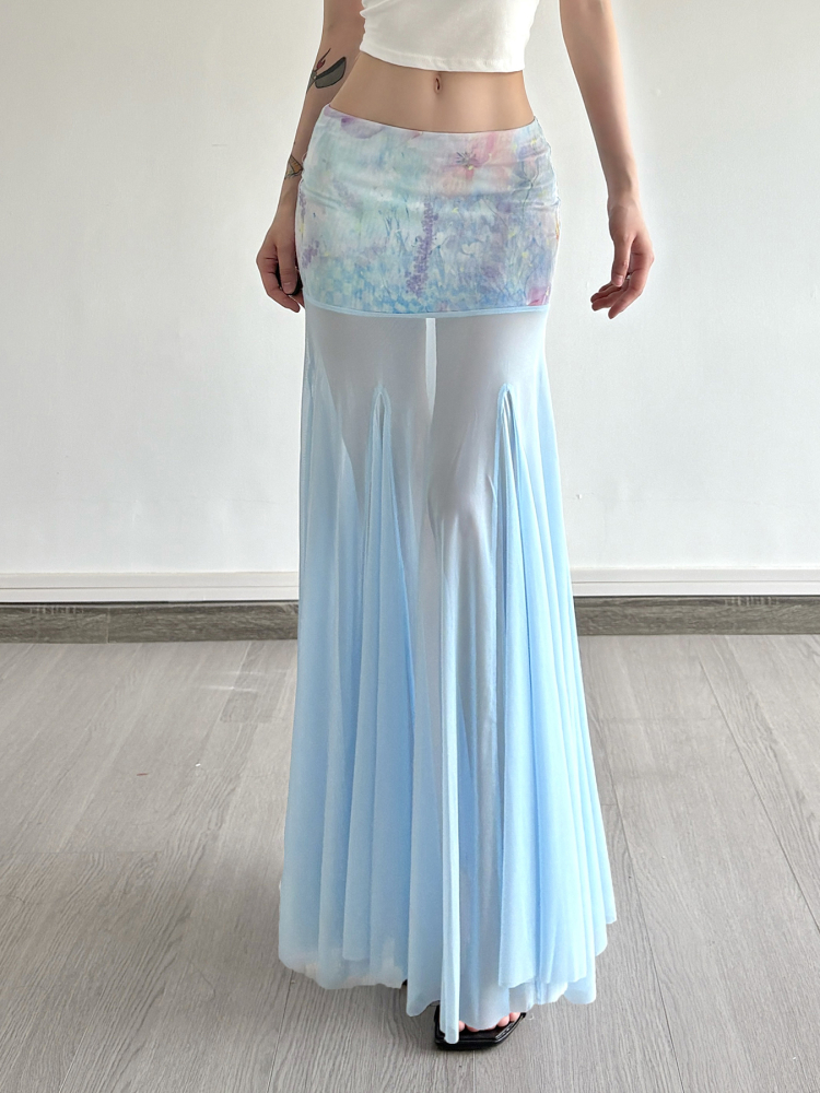 Romantic Floral Print Tulle Mermaid Skirt Blue Bodycon Long Dress for Women - Perfect for Vacation and Summer Events Romantic Floral Print Tulle Mermaid Skirt Blue Bodycon Long Dress for Women - Perfect for Vacation and Summer Events