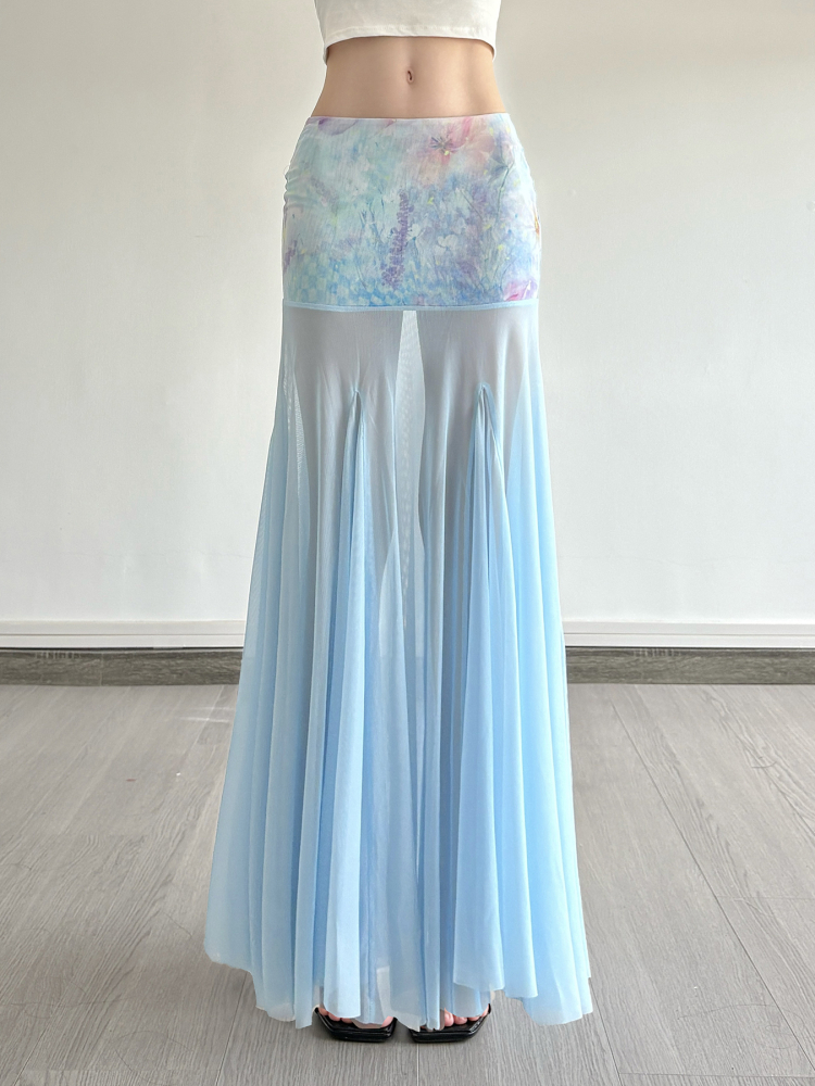 Romantic Floral Print Tulle Mermaid Skirt Blue Bodycon Long Dress for Women - Perfect for Vacation and Summer Events