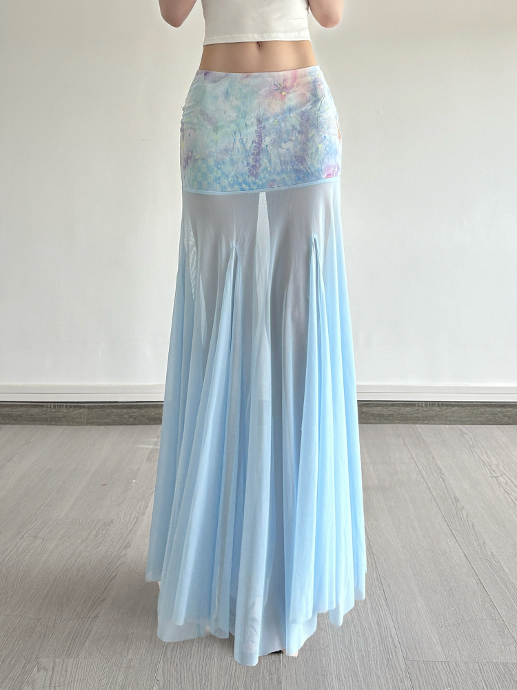 Romantic Floral Print Tulle Mermaid Skirt Blue Bodycon Long Dress for Women - Perfect for Vacation and Summer Events Romantic Floral Print Tulle Mermaid Skirt Blue Bodycon Long Dress for Women - Perfect for Vacation and Summer Events