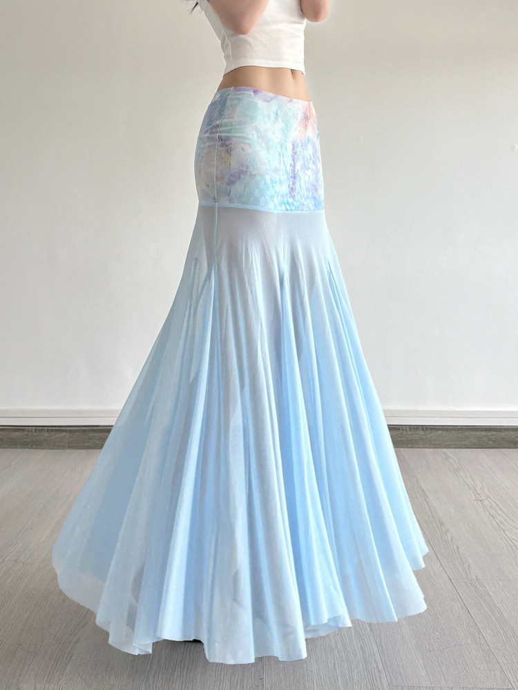Romantic Floral Print Tulle Mermaid Skirt Blue Bodycon Long Dress for Women - Perfect for Vacation and Summer Events Romantic Floral Print Tulle Mermaid Skirt Blue Bodycon Long Dress for Women - Perfect for Vacation and Summer Events
