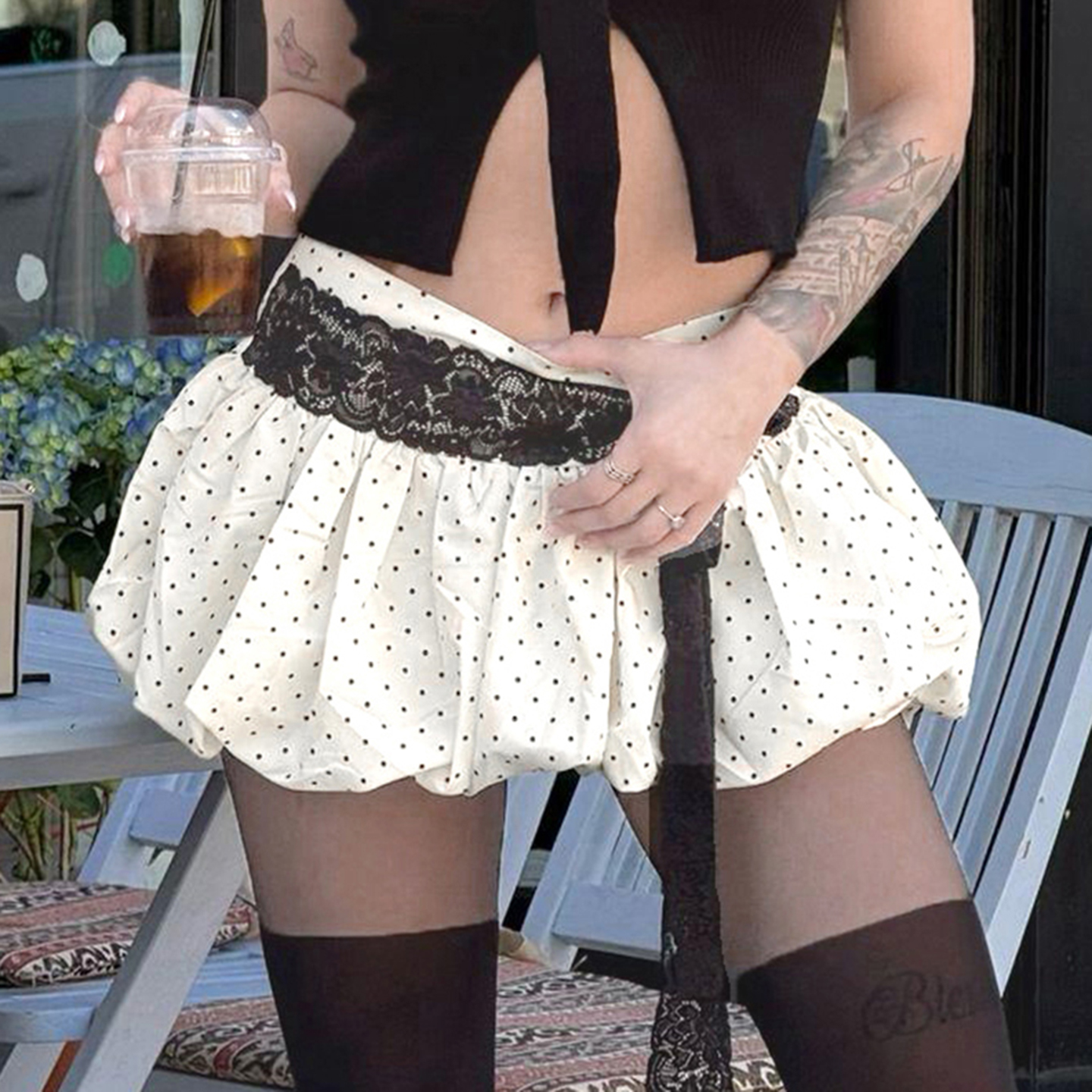 Romantic Polka Dot Print Low-Waist Skirt with Lace Splicing and Tie-Up Detail - French Ballet Style Flower Bud Half Skirt Romantic Polka Dot Print Low-Waist Skirt with Lace Splicing and Tie-Up Detail - French Ballet Style Flower Bud Half Skirt