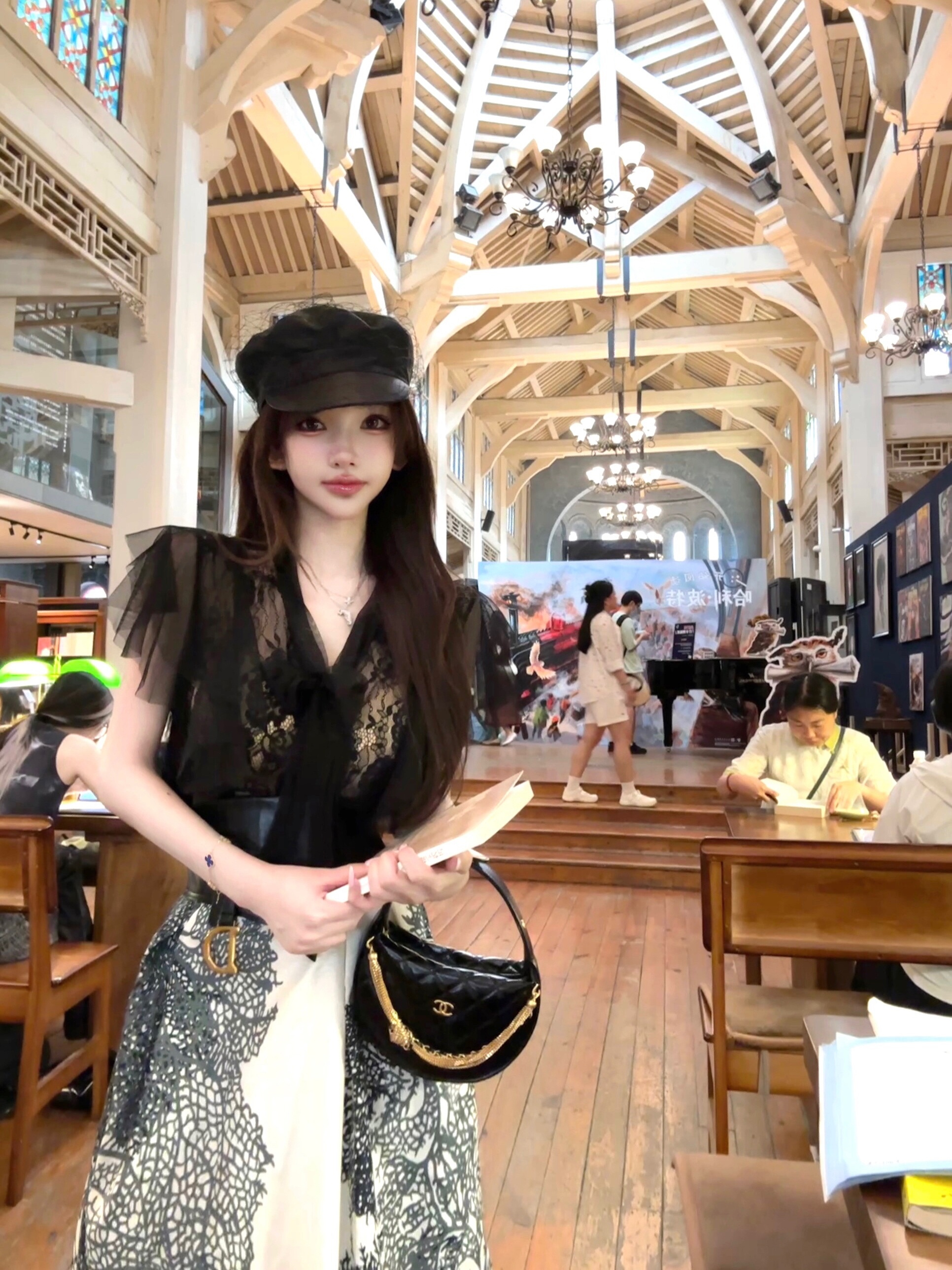 Romantic Sheer Lace Shirt with Ink Silk Satin Cotton and Half-Length Umbrella Skirt - 90s Inspired Women's Fashion Ensemble