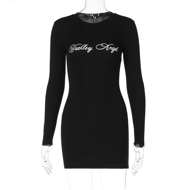 Round Neck Letter Print Long Sleeve Dress for Women â€“ Stretchy Slim Fit Pencil Skirt, Flattering Short Dress, European American Style