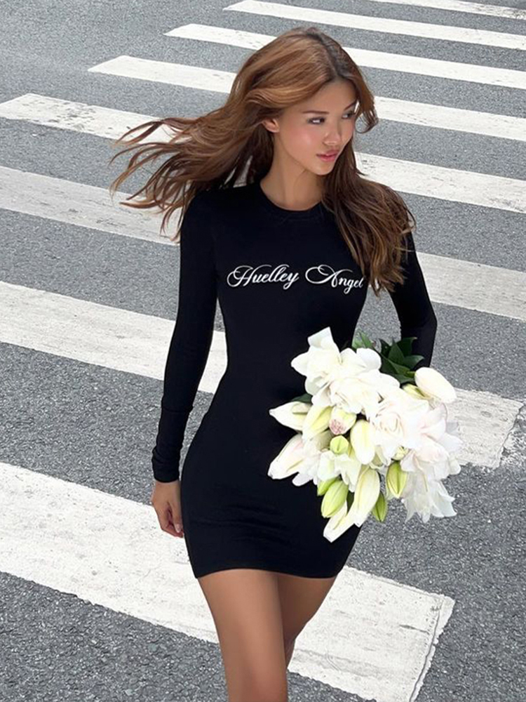 Round Neck Letter Print Long Sleeve Dress for Women â€“ Stretchy Slim Fit Pencil Skirt, Flattering Short Dress, European American Style