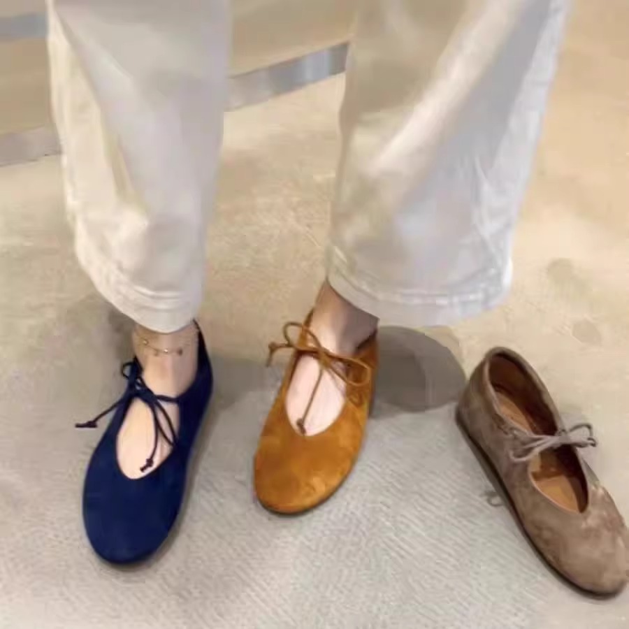 Round Toe Cross Strap Genuine Leather Flat Ballet Slip-On Mary Jane Loafers for Women - Comfortable Soft Bottom Small Shoes