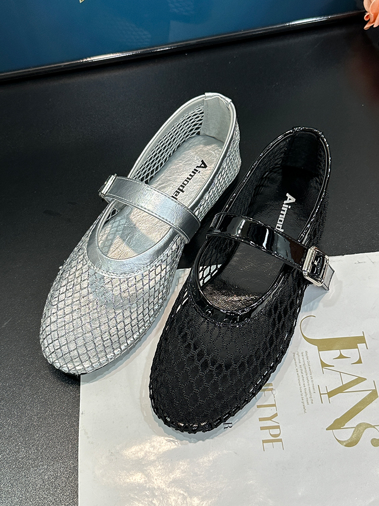 Round-Toe Fishnet Hollow-Out Flat Sandals for Women - Spring Summer One-Strap Buckle Mary Jane Style