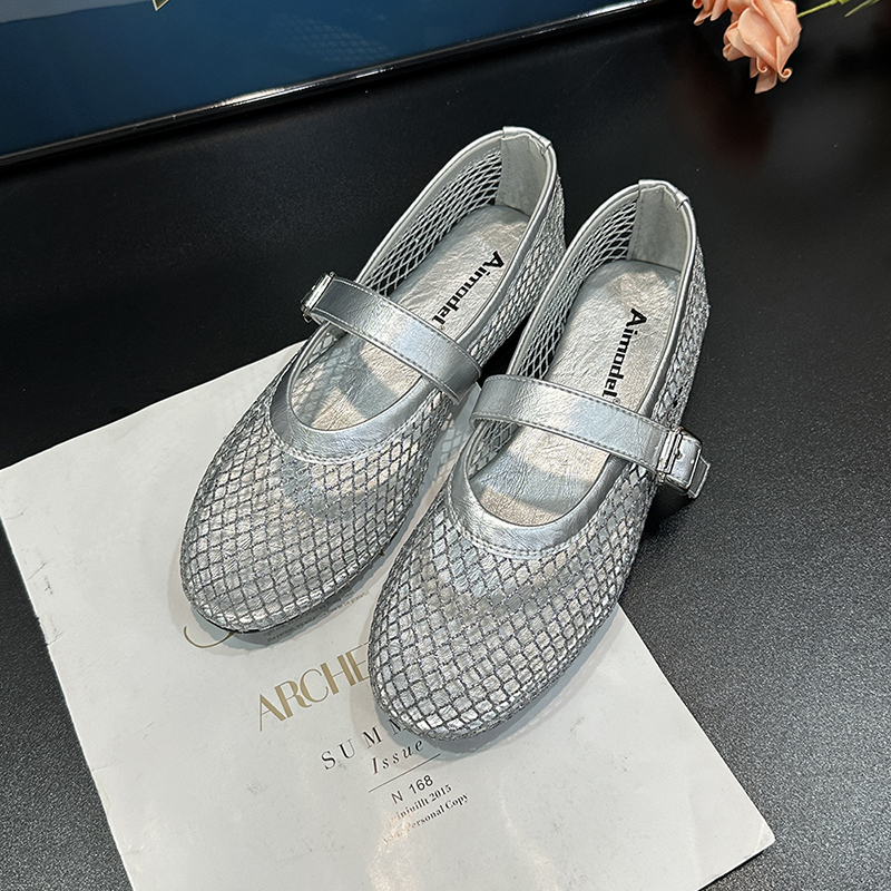 Round-Toe Fishnet Hollow-Out Flat Sandals for Women - Spring Summer One-Strap Buckle Mary Jane Style