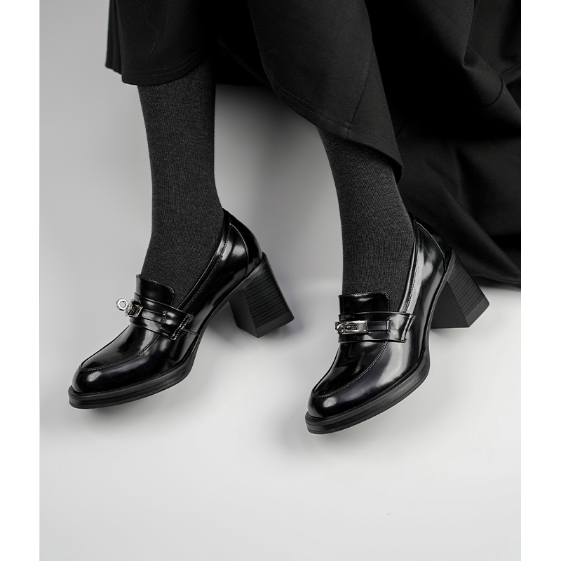 Round Toe High Heel Loafers for Women, Chunky Heel Height-Increasing Flats with Metal Buckle, All-Season Stylish Footwear