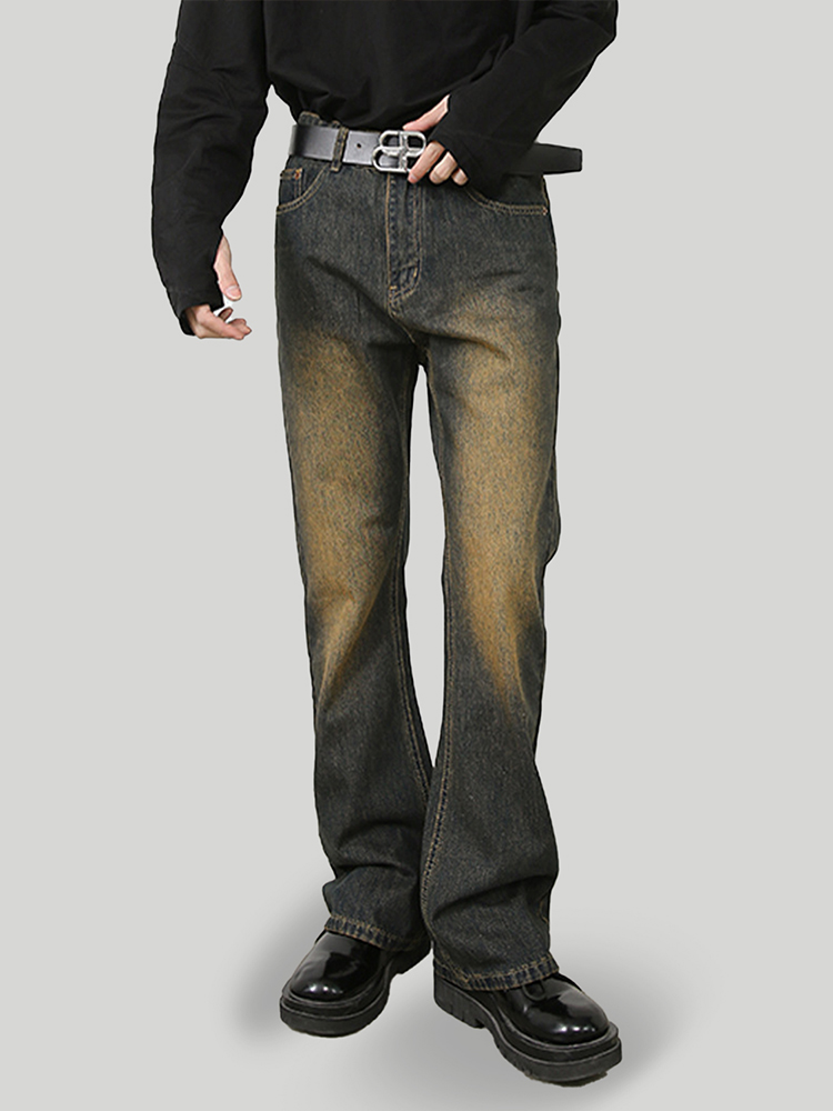 Rust-Colored Micro-Flare Jeans for Men - Vintage Washed High Street Slim Fit Pants, Retro Style, Clean Fit, Trendy Fashion