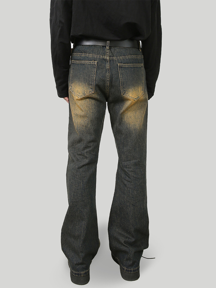 Rust-Colored Micro-Flare Jeans for Men - Vintage Washed High Street Slim Fit Pants, Retro Style, Clean Fit, Trendy Fashion