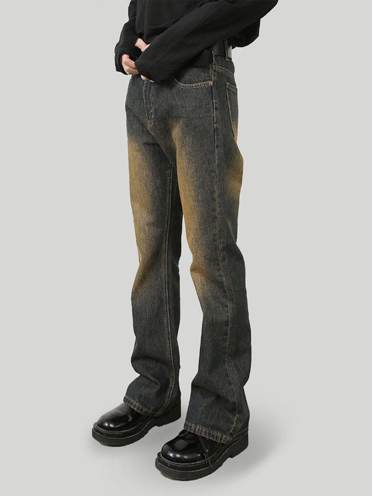 Rust-Colored Micro-Flare Jeans for Men - Vintage Washed High Street Slim Fit Pants, Retro Style, Clean Fit, Trendy Fashion