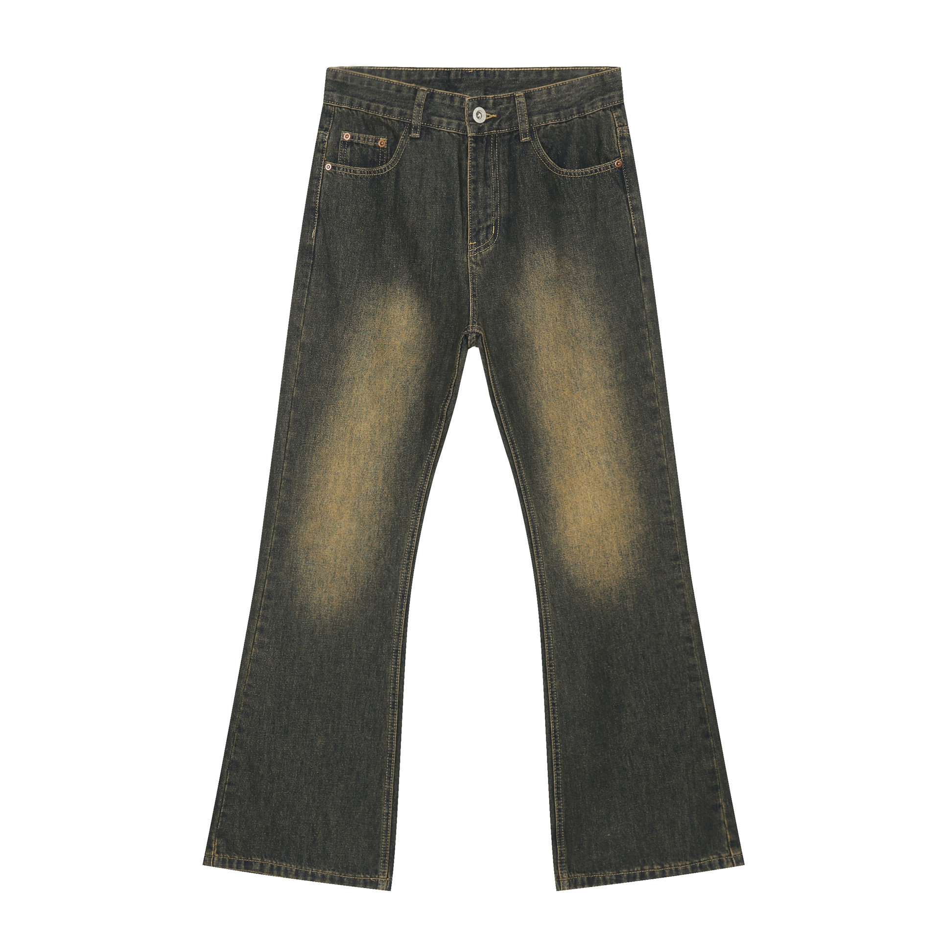 Rust-Colored Micro-Flare Jeans for Men - Vintage Washed High Street Slim Fit Pants, Retro Style, Clean Fit, Trendy Fashion