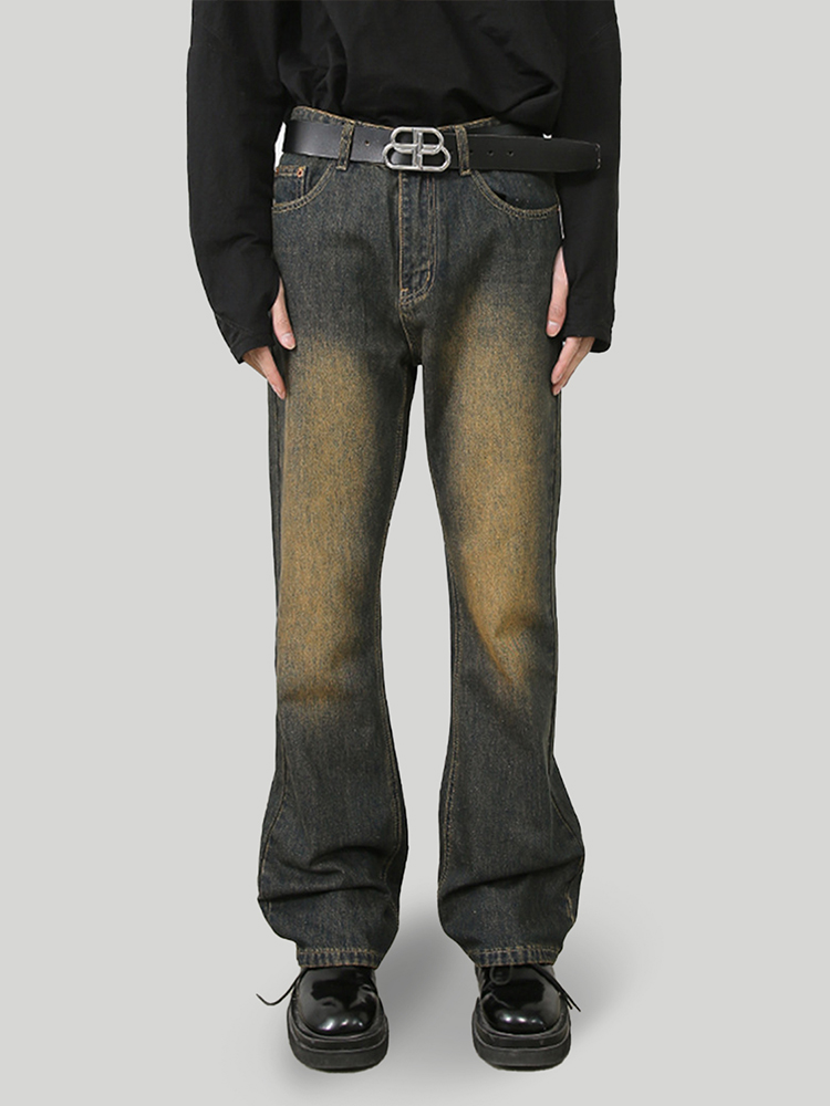 Rust-Colored Micro-Flare Jeans for Men - Vintage Washed High Street Slim Fit Pants, Retro Style, Clean Fit, Trendy Fashion