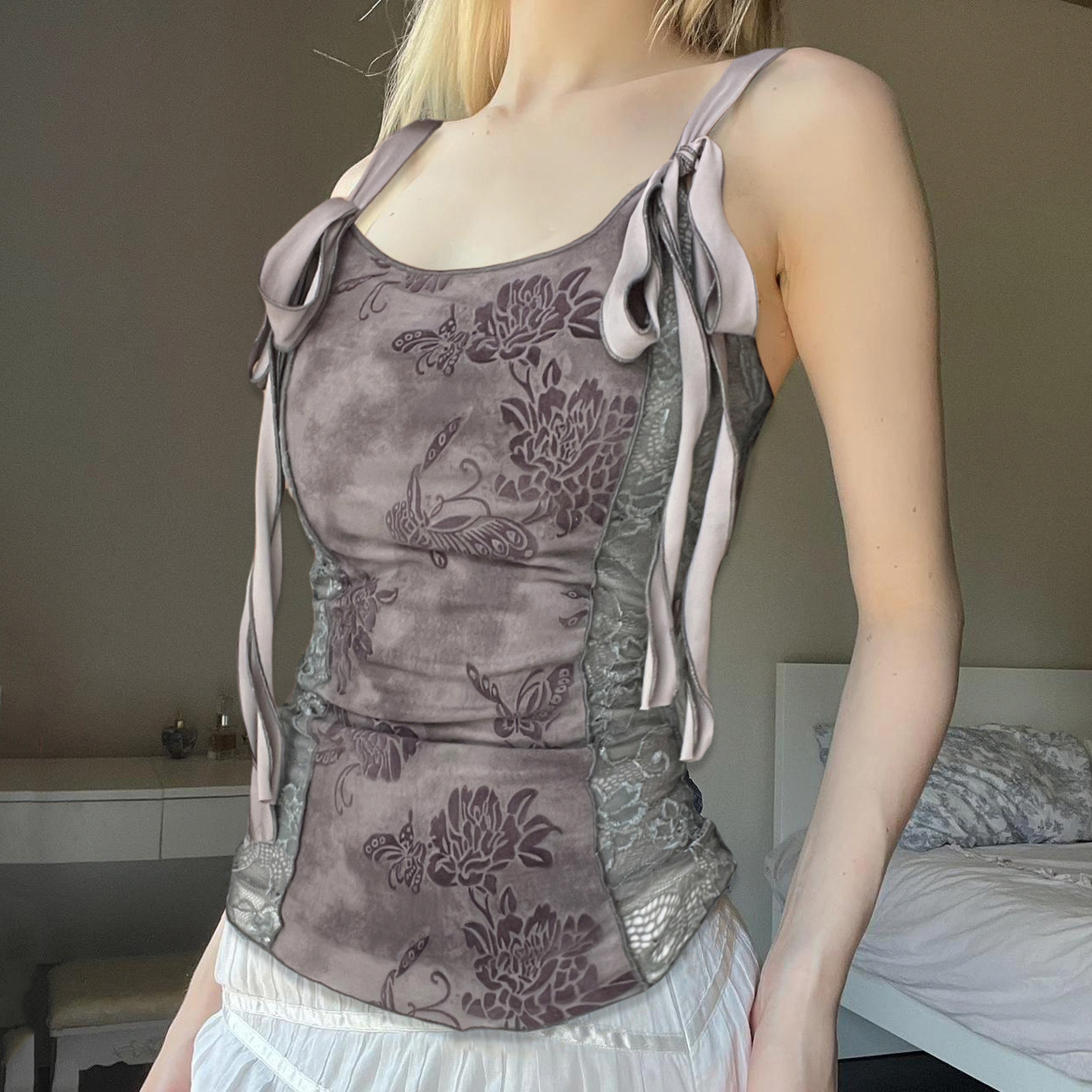 Sandalwood Chinese Style Retro Jacquard Velvet Cami Lace-Up Splicing Slim Top - Y2K Inspired Fashion