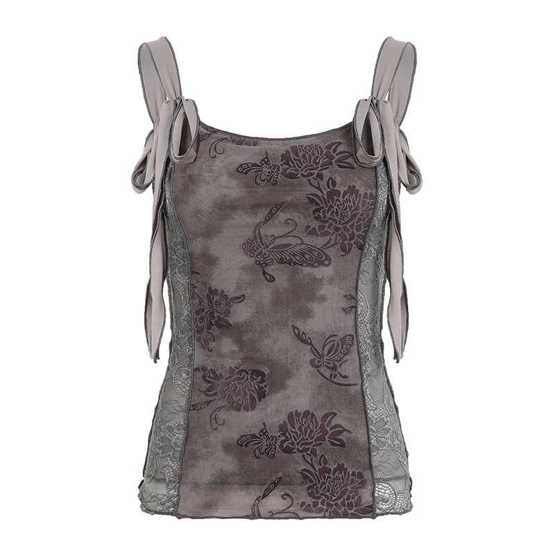 Sandalwood Chinese Style Retro Jacquard Velvet Cami Lace-Up Splicing Slim Top - Y2K Inspired Fashion