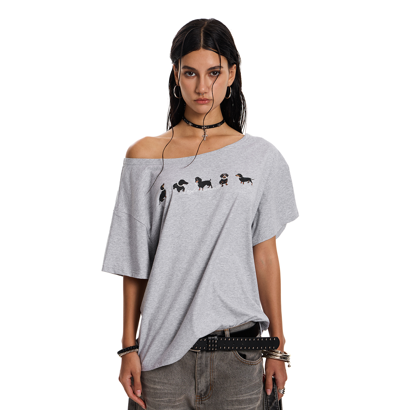 Sausage Dog Off-Shoulder Short Sleeve T-Shirt - Summer Loose Fit Slimming Printed Top for Y2K and Casual Style