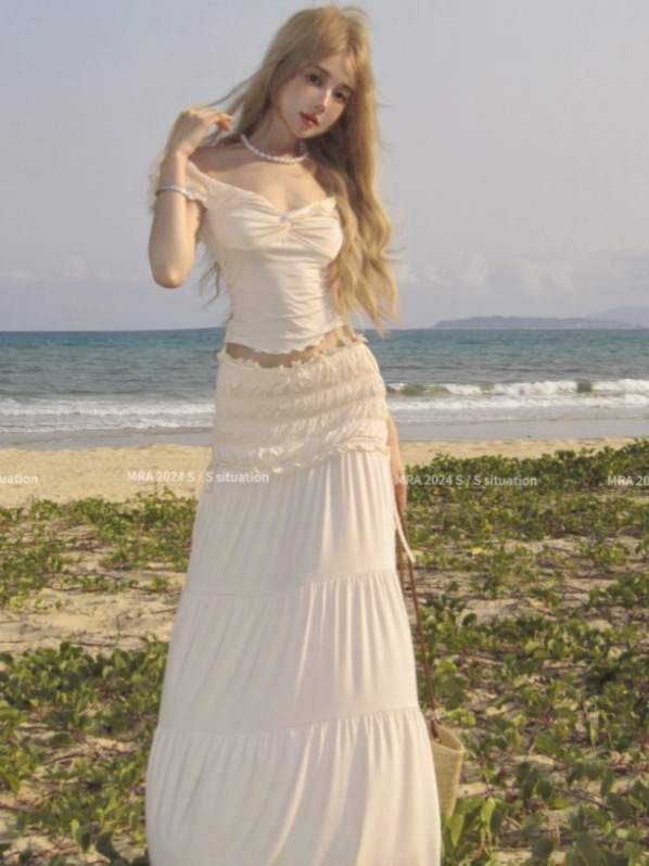 Seaside Vacation Cross-Shoulder Off-the-Shoulder Ruffled Top and Pleated Skirt Set - Sexy 90s Inspired Summer Outfit Seaside Vacation Cross-Shoulder Off-the-Shoulder Ruffled Top and Pleated Skirt Set - Sexy 90s Inspired Summer Outfit