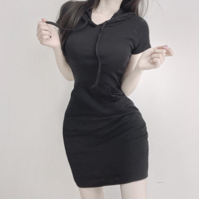 Sexy Bodycon Casual Hooded Short-Sleeve Sweatshirt Dress for Women - Slim Fit Summer Hot Girl Style Sexy Bodycon Casual Hooded Short-Sleeve Sweatshirt Dress for Women - Slim Fit Summer Hot Girl Style