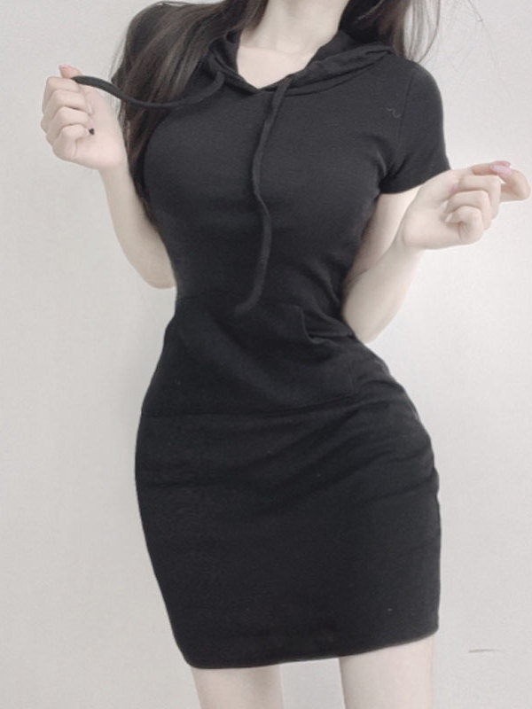 Sexy Bodycon Casual Hooded Short-Sleeve Sweatshirt Dress for Women - Slim Fit Summer Hot Girl Style Sexy Bodycon Casual Hooded Short-Sleeve Sweatshirt Dress for Women - Slim Fit Summer Hot Girl Style
