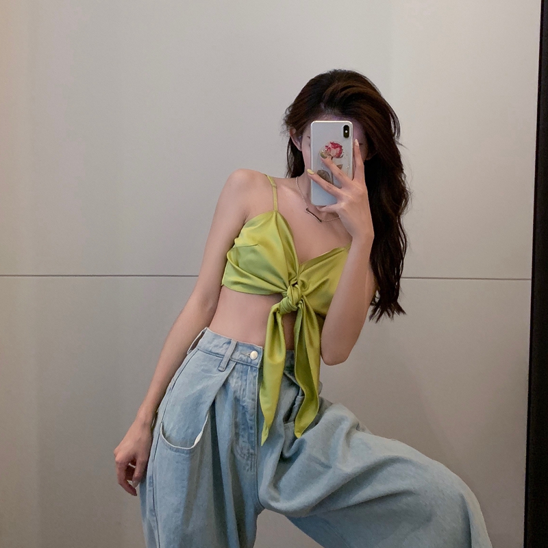 Sexy Camisole Dance Top with Bow Tie and Cutout Back Design for Women, Hong Kong Style, HyunA-Inspired, Bustier Look