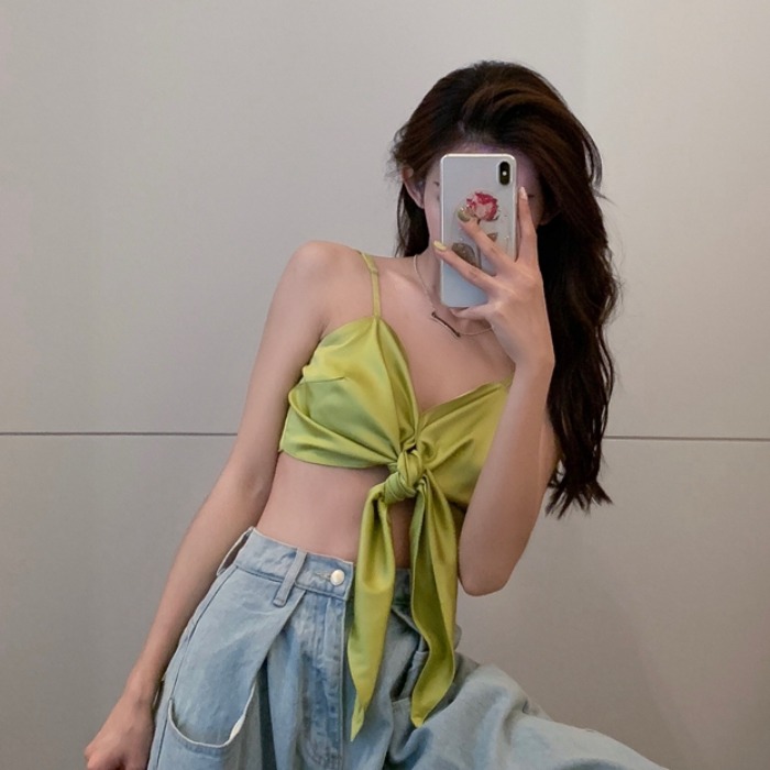 Sexy Camisole Dance Top with Bow Tie and Cutout Back Design for Women, Hong Kong Style, HyunA-Inspired, Bustier Look