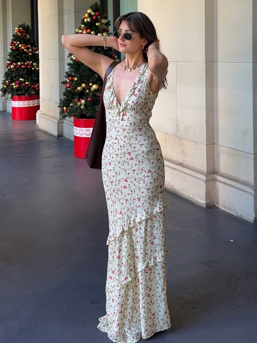 Sexy Deep V-Neck Floral Dress for Women - High-Waisted Slim Fit Long Skirt with Split Hem, European and American Style