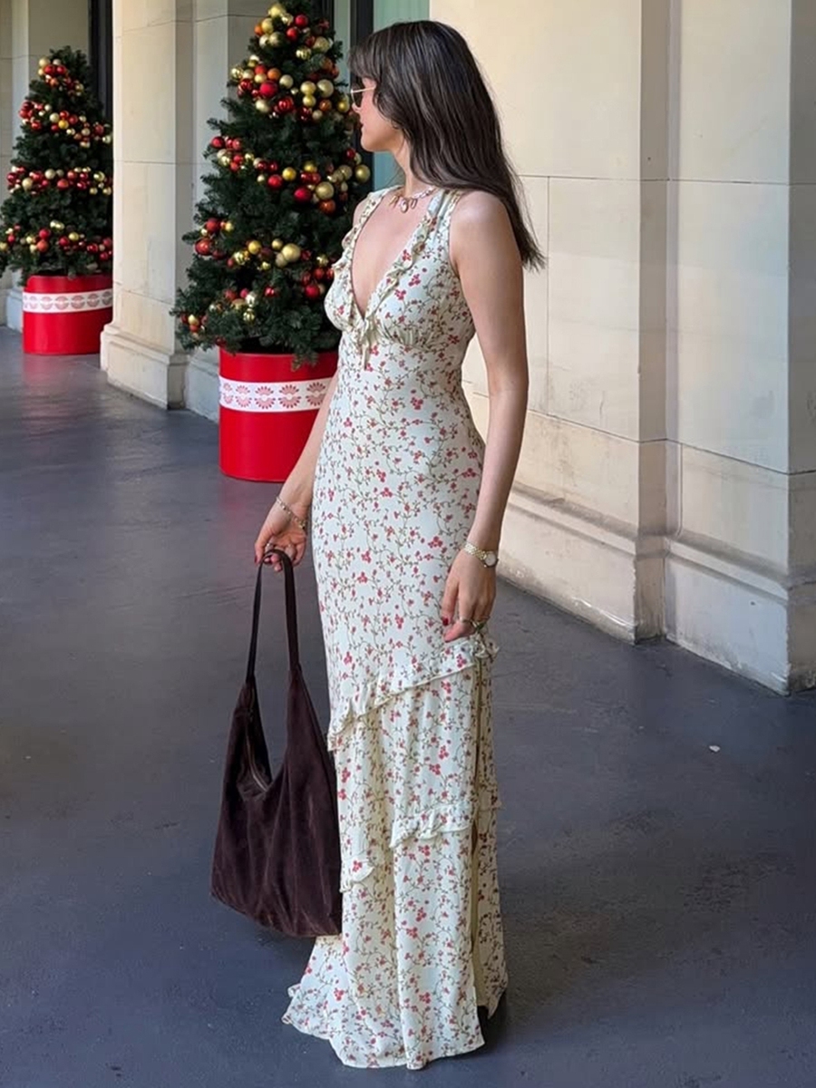 Sexy Deep V-Neck Floral Dress for Women - High-Waisted Slim Fit Long Skirt with Split Hem, European and American Style Sexy Deep V-Neck Floral Dress for Women - High-Waisted Slim Fit Long Skirt with Split Hem, European and American Style