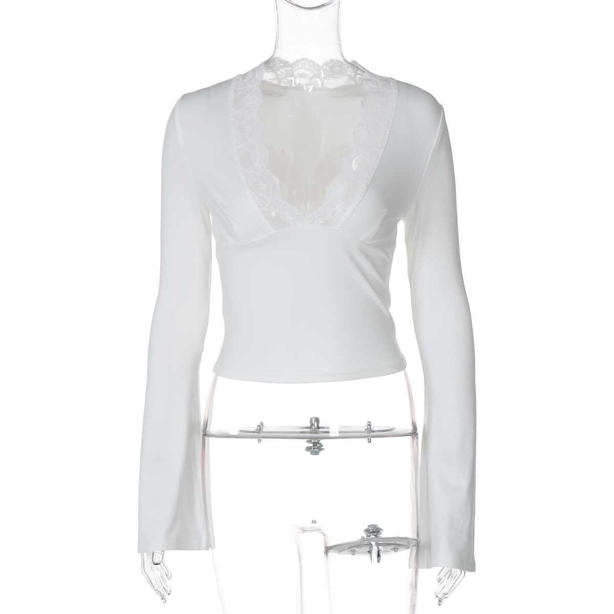 Sexy Deep V-Neck Lace Spliced Flared Long Sleeve T-Shirt for Women - Solid Color Slim Fit Top, European American Style, Y2K Fashion